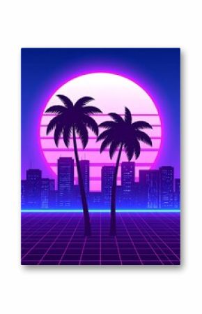 Retro styled city skyline with two palm trees silhouetted against a neon pink sun