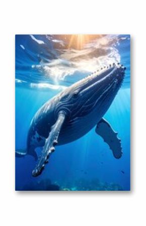 A majestic whale swims in vibrant ocean water, sunlit rays illuminating its form above a coral reef
