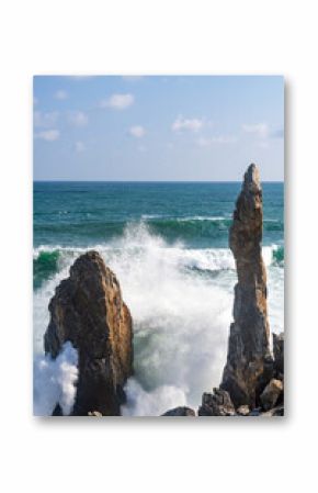 Powerful Waves Crashing Against Candlestick Rock at Chuam Beach, Korea