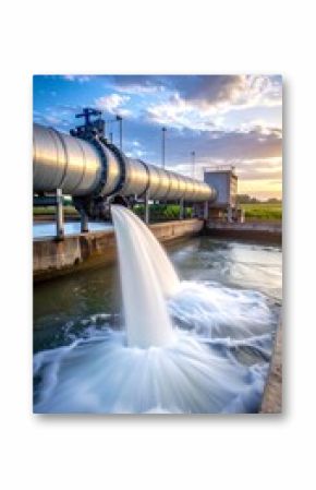 Large pipe discharging water into a canal at sunset