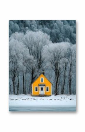 Bright Yellow House in Winter Landscape Surrounded by Frosted Trees and Mountains.