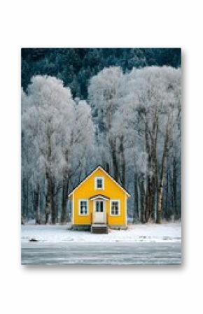 Colorful Yellow House Contrasts With Snowy Forest Backdrop in Tranquil Winter Setting.