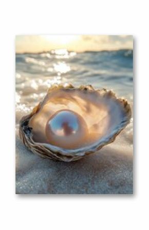 Stunning Oyster Shell With Pearls Resting on Sandy Beach at Sunrise.