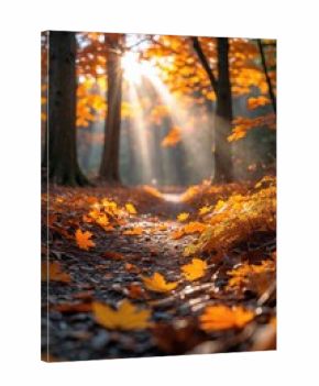Warm Sunlit Woodland Path Surrounded by Vibrant Autumn Foliage