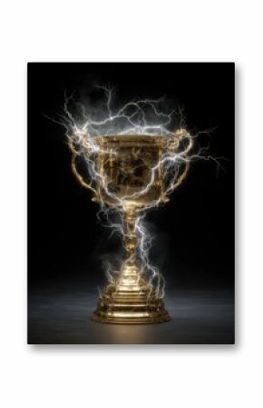 an electrifying golden trophy of triumph shines brightly enveloped in striking lightning embodying surreal beauty and the exhilarating spirit of