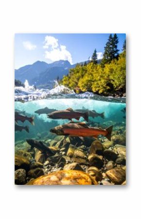 Underwater & above water view of salmon swimming in a pristine river, rocky riverbed, surrounded by autumnal foliage & mountains