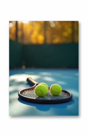 Tennis racket with three balls rests on a blue court under warm sunlight. Equipment ready for game, match or practice. Outdoor sport setting with blurred background, sunlit shadows.