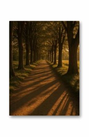 Serene tree-lined path sunset
