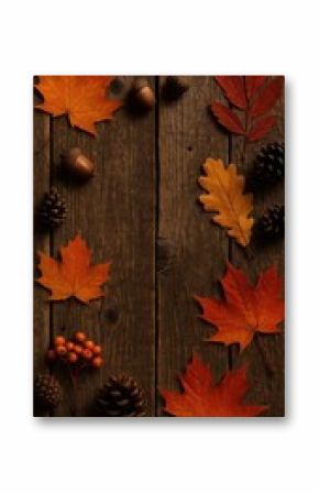 Autumn leaves rustic wooden background.