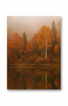 Misty autumn forest reflection serenity.