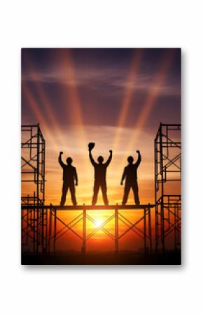 Silhouetted Construction Workers Celebrating Success on Scaffolding Against a Dramatic Sunset Sky