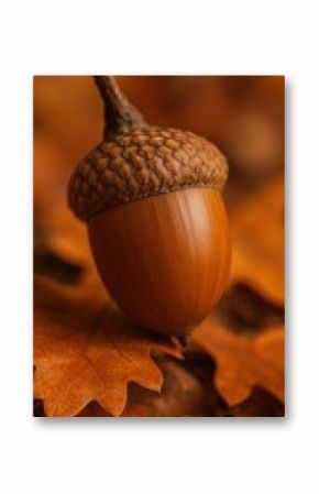 Acorn resting on autumn leaves.