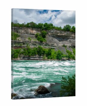 The powerful, turquoise rapids of the Niagara River flowing through a lush green gorge with rocky cliffs. The sky is partly cloudy, and the trees are vibrant green, suggesting a warm and sunny day.