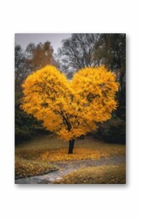 Heart-shaped tree with golden leaves in an autumn park