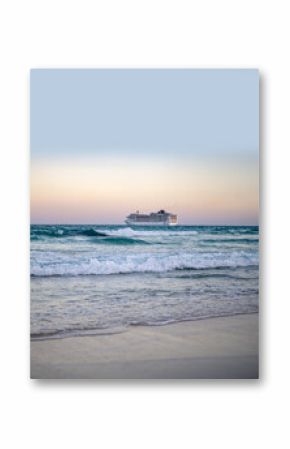 Cruise ship on the ocean. Luxury liner at ocean waves water. Miami Beach with cruise ship. Turquoise water and cruise liner. Tourist cruise ship near the coast. Ocean waves and vessel boat.