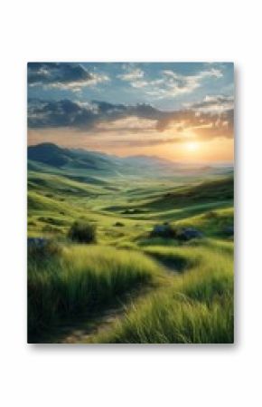 Bright Sunrise Over Rolling Hills With a Winding Path Through Green Fields.