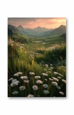 Breathtaking Landscape With Wildflowers at Sunset in a Mountainous Region