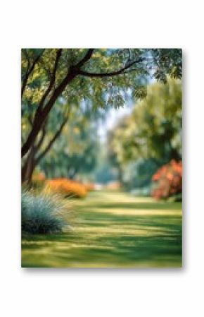 Beautiful Garden Pathway Lined With Trees and Vibrant Flowers During a Sunny Day