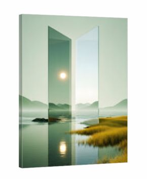 Reflective Geometric Structures Mirroring a Serene Landscape and a Brilliant Sun over Calm Water