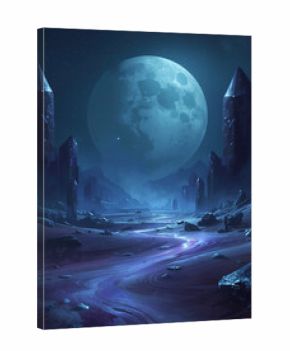Stunning alien landscape with giant moon rising over crystal formations and flowing river of light
