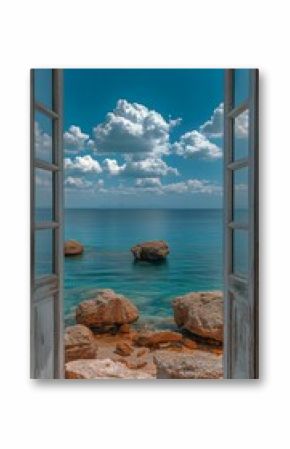 Vibrant View of Calm Ocean Through Open Window in Coastal Setting on a Sunny Day.
