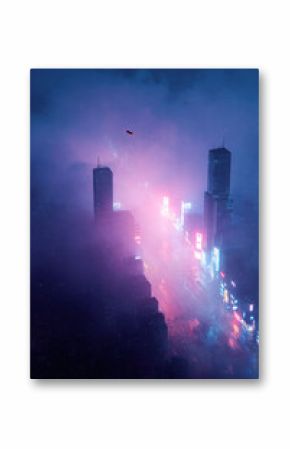 Neonlit cityscape shrouded in mist, evoking a futuristic, cyberpunk vibe. Perfect for scifi themes, technology concepts, or atmospheric backgrounds.