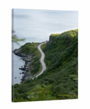 Coastline of Reinebringen with road infrastructure following the curves in Lofoten Norway