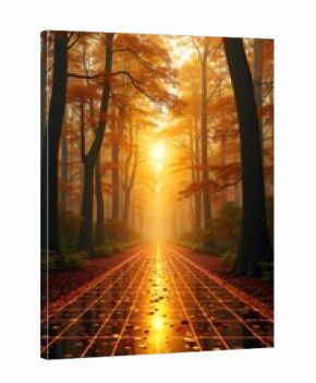 Autumn Forest with Glowing Path at Sunset 