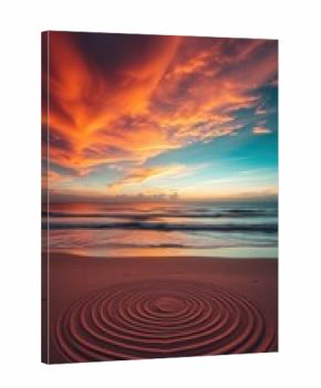 Sand circle art on beach at sunset with vibrant orange and blue sky and gentle ocean waves rolling in