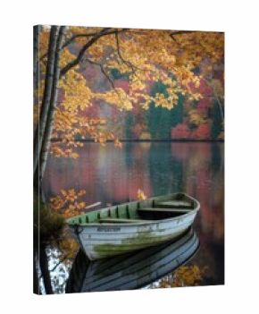Serene autumn lake showcases vibrant tree reflections and a lone weathered boat named Reflection