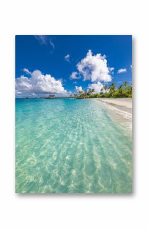 Stunning panoramic tropical beach landscape with soft sand, turquoise sea, palm trees, sunny sky, and gentle waves. Best picturesque paradise island Maldives for summer vacation, tourism, top travel