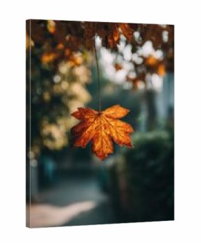 Autumn maple leaf hanging from a tree branch