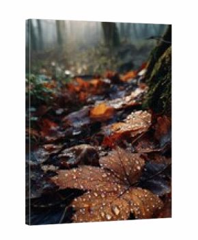 Autumn leaves covered in glistening dew drops in forest