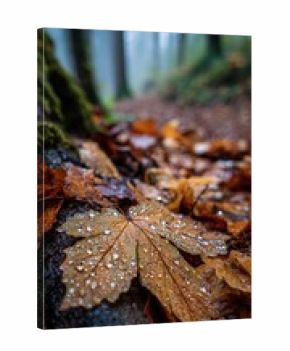 Autumn leaf covered with rain drops in misty forest