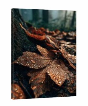 Autumn forest floor with wet leaves and water drops