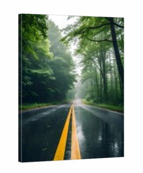Wet asphalt road with yellow double lines disappearing into a misty green forest rain rainy
