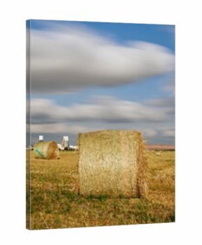 Round hay bales on farmland in Saskatchewan, Canada, with large white industrial buildings and storage domes in the background under dramatic cloudy sky.