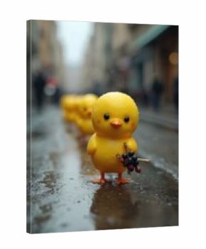 Yellow chick figurine leads group on city street after rain. Cute toy chick holds berries branch, others following. Adorable animal miniature, blurred background, urban outdoor setting, leadership