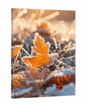 Macro shot of frost and ice crystals on autumn leaves and grass in golden morning light.