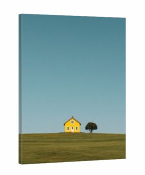 Bright yellow house stands alone on green hillside under clear blue sky