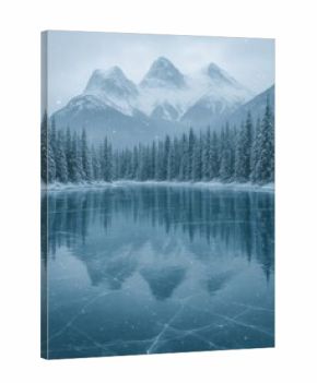 Serene winter mountain landscape reflection.