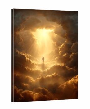 Jesus silhouette surrounded by golden heavenly light and clouds