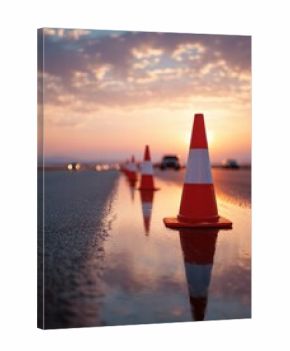 Professional Premium Wet Road Traffic Cones at Sunset for Highway Safety and Controlled Navigation in Corporate and Marketing Campaigns