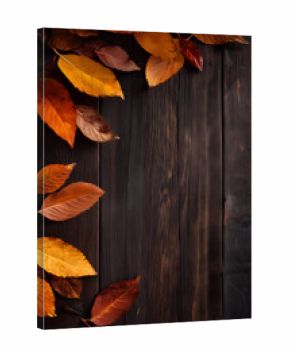 Autumn leaves frame a dark wooden surface, showcasing a warm, seasonal aesthetic with vibrant hues and natural textures.