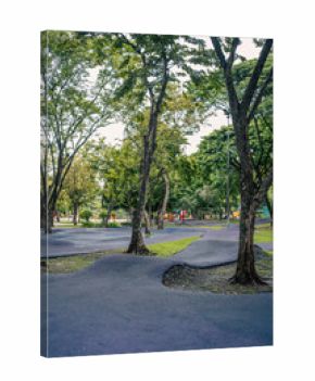 cushioned path for kids cycling or skating in park, soft track for children riding scooters or bikes and bicycle in safe playground area