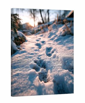 Winter landscape with fresh footprints leading through snow at sunset near trees and buildings