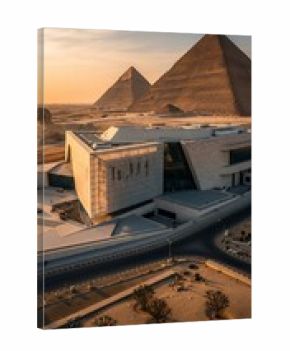 Aerial view of the grand egyptian museum with the pyramids of giza in the background at sunset