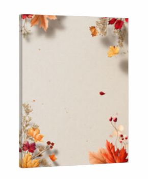 Minimalist autumn poster background with scattered leaves and vintage paper texture