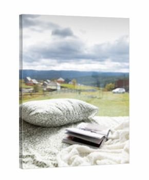 cozy bedroom detail and Christmas lights