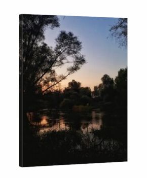 Peaceful sunset reflection on calm river surrounded by silhouette trees and natural landscape, warm evening light creating tranquil and serene atmosphere in nature, relaxing outdoor scenery.